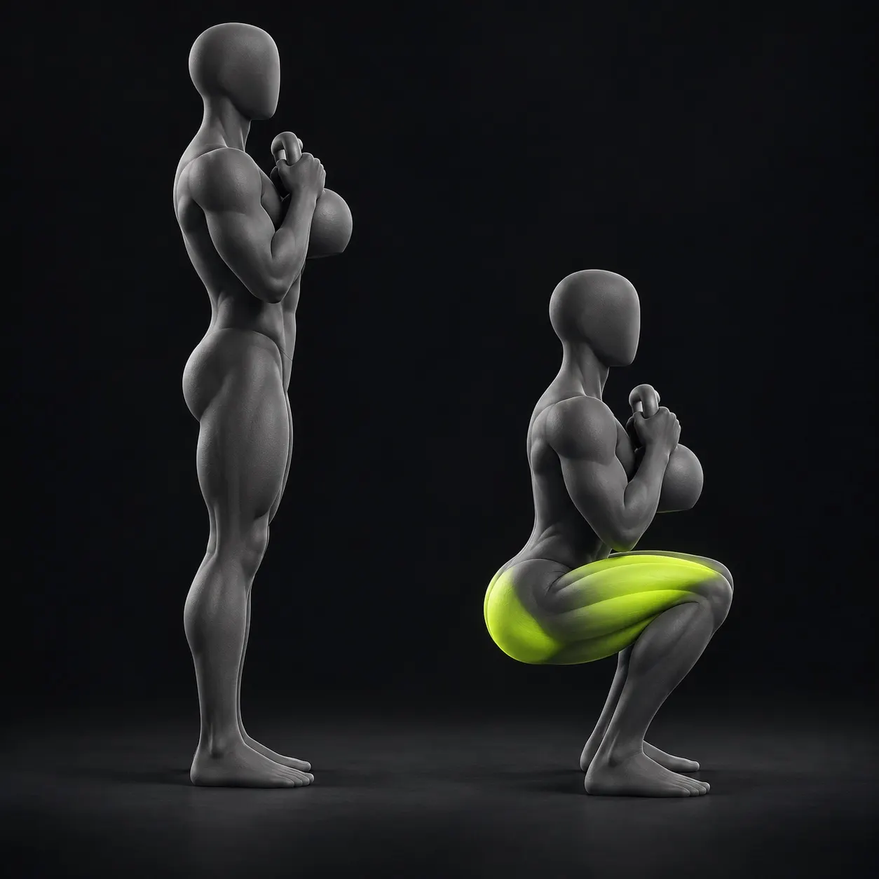 Illustration av en goblet squat i två steg: stående och nedhukad med en kettlebell